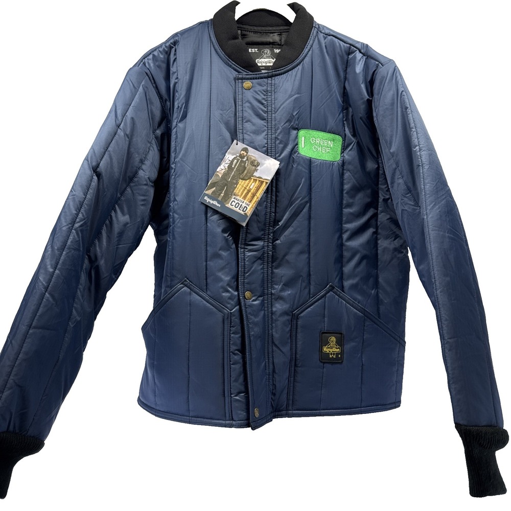 Refrigiwear Men's Jacket L Blue Knit Cuffs Zip Snap Logo Quilted Puffer Pockets